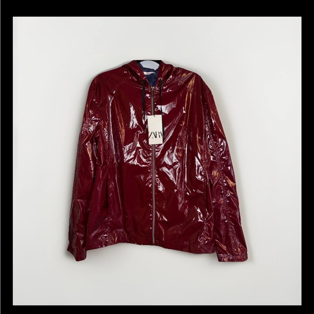 ZARA Shiny Burgundy Women’s size Large NWT Hooded Windbreaker/Raincoat